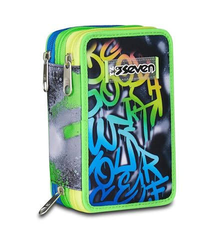 Seven Astuccio Scuola 3 Zip, Nero Verde, Portapenne Triplo Scomparto Completo Di Penne, Matite, Colori, Accessori Zaino, Scuola Elementare, Bambino