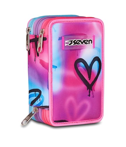 Seven Astuccio Scuola 3 Zip, Fucsia Azzurro, Portapenne Triplo Scomparto Completo Di Penne, Matite, Colori, Accessori Zaino, Scuola Elementare, Bambin