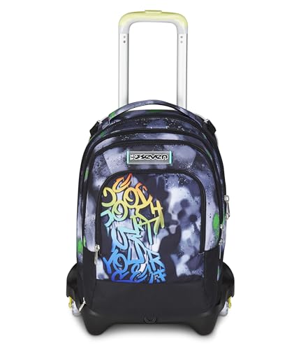 Seven Trolley Scuola Jack 3 Ruote Detach, Nero Verde, Zaino Con Carrello Sganciabile Da 37 Litri Di Capacità, Tasca Borraccia, Zainetto Staccabile, Sc