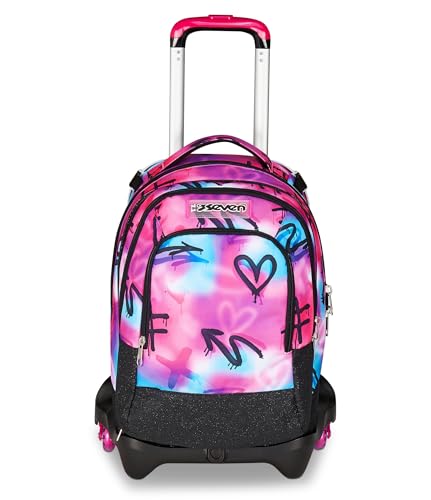 Seven Trolley Scuola Jack 3 Ruote Detach, Fucsia Azzurro, Zaino Con Carrello Sganciabile Da 37 Litri, Tasca Borraccia, Zainetto Staccabile, Multiuso E