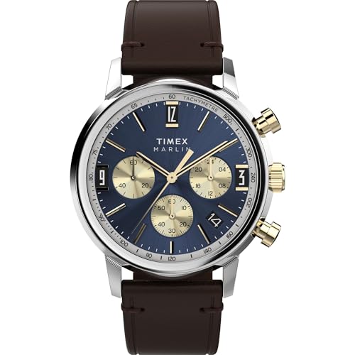 Timex Orologio Da Uomo Marlin Uomo Pelle - Vegan Cassa In Acciaio Movimento Al Quarzo Placcato Oro Quadrante Blu Cinturino In Eco Pelle Marrone Con Fi