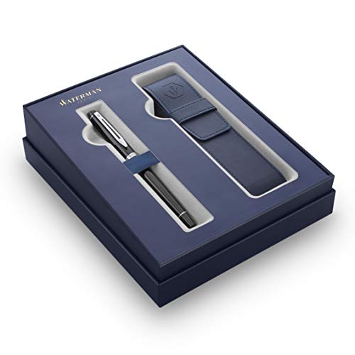 Waterman Expert Penna Stilografica Punta Media Con Finiture Cromate In Nero Con Un Astuccio, Set Regalo