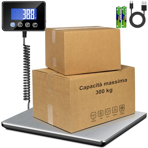 Raoyan Bilancia Pesa Pacchi 300Kg Alta Precisione 20G, Bilancia Elettronica Professionale Con Display Lcd, Funzione Tara E Hold, Alimentazione Ricaric