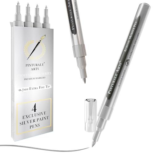Pinturale Arts Set 4 Pennarello Argento Punta Fine | Pennarello Argento Metallizzato | Pennarelli Acrilici Punta Fine 0,7 Mm | Pennarelli Metallizzati