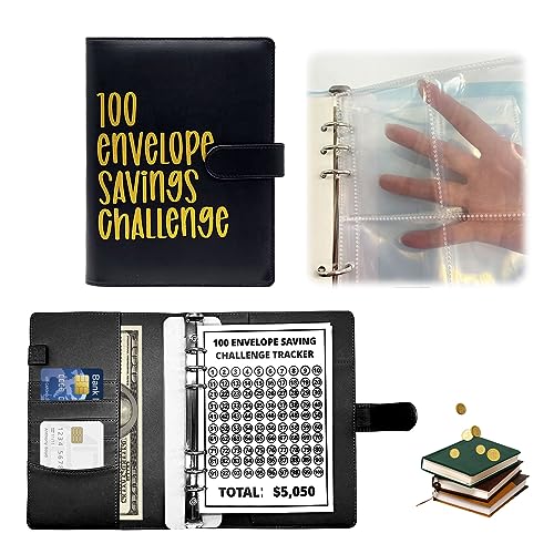 Xqmmgo 100 Buste Challenge Binder, Saving Challenge, Famiglia Risparmio Con Buste In Contanti, Money Saving Envelope For School, Home, Office (Nero)