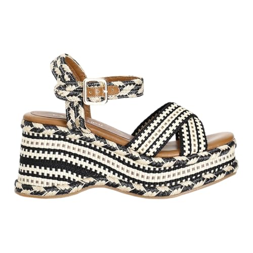 Cafènoir Sandalo Nero Beige In Tessuto Con Zeppa Da Donna - 37