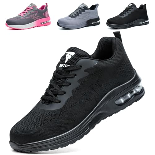 Wuayami Scarpe Antinfortunistiche Uomo Donna Leggere Scarpe Da Lavoro Con Punta In Acciaio Leggere Traspiranti Scarpe Sicurezza Comode, Nero, 42 Eu