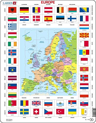 Larsen Kl1 Bandiere E Mappa Politica Dell'Europa, Edizione Francese, Puzzle Incorniciato Con 70 Pezzi