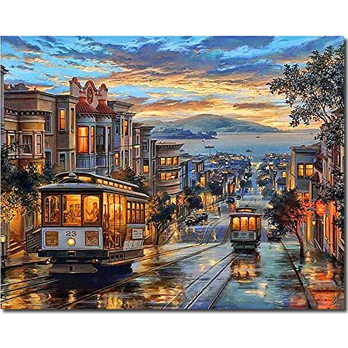 Fuumuui Dipingi Con I Numeri Adulti E Bambini Principianti Include Pennelli E Colori Acrilici 40 X 50 Cm - Paesaggio, Tram In Strada