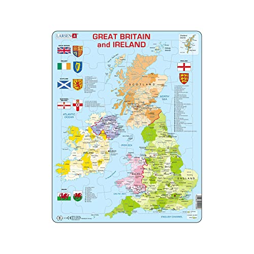 Larsen K18 Mappa Politica Della Gran Bretagna E Dell'Irlanda, Edizione Inglese, Puzzle Incorniciato Con 48 Pezzi