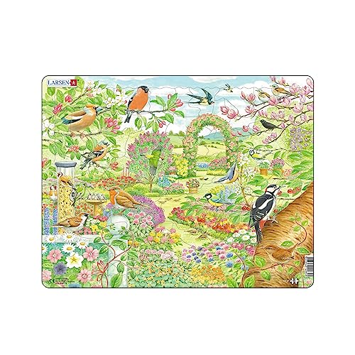 Larsen Fh37 Fiori Colorati E Uccelli In Un Bellissimo Giardino, Puzzle Incorniciato Con 60 Pezzi