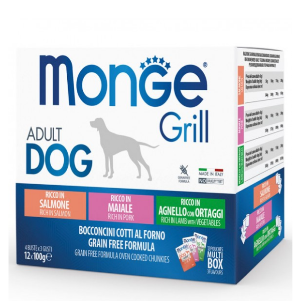 Monge grill grain free adult dog multipack 12x100g - salmone - maiale - agnello - spedizione gratis 1° ordine + scegli lo sconto bzr5 / bzr20