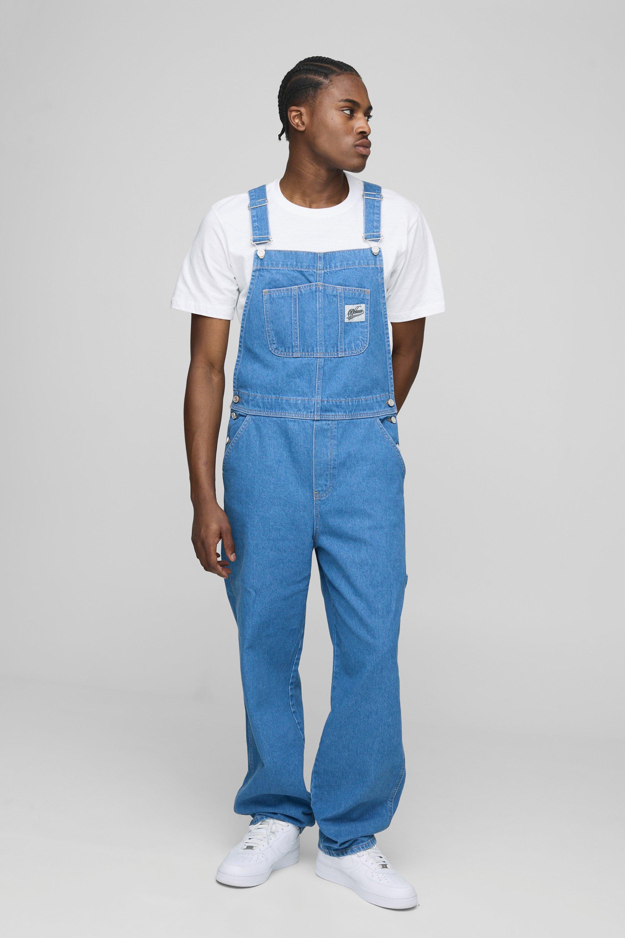 Relaxed Fit Worker Denim Dungarees, Azzurro