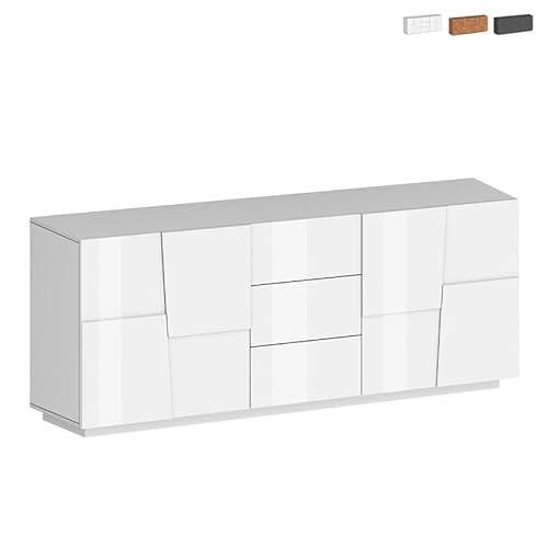 Produce Shop Madia Credenza Soggiorno Moderna 3 Cassetti 2 Ante 220X44X86Cm Margaux - Bianco Lucido