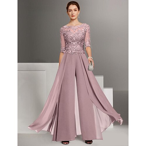 TS Completo da Due Pezzi Tuta Completo Mamma della Sposa Invitata al Matrimonio Chiesa Elegante Petite Collo a Bato Lunghezza Piena Chiffon Maniche Co