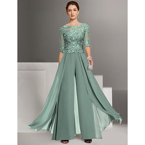 TS Completo da Due Pezzi Tuta Completo Mamma della Sposa Invitata al Matrimonio Chiesa Elegante Petite Collo a Bato Lunghezza Piena Chiffon Maniche Co