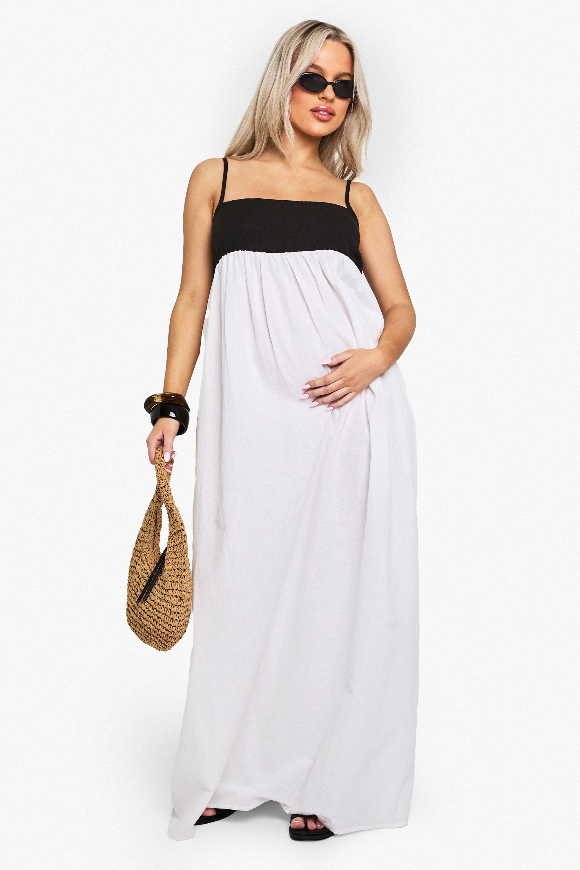 MATERNITY CONTRAST LINEN SMOCK MAXI DRESS, Nero
