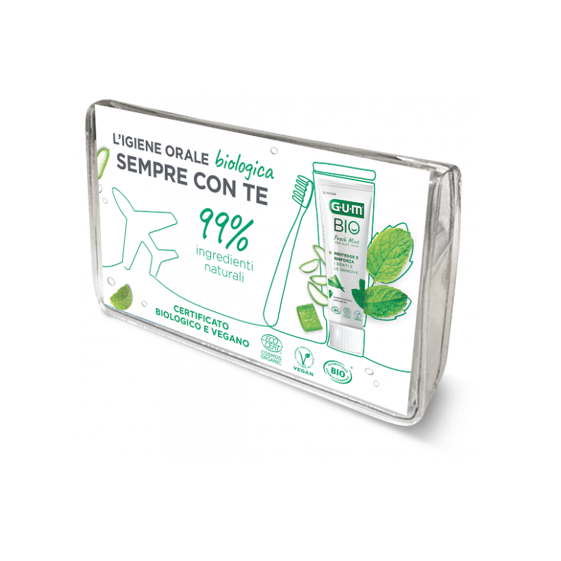 Gum Travel Kit Bio 1 Spazzolino + 1 Dentifricio + 1 Scovolino Interdentale