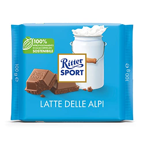 Ritter Sport Latte Delle Alpi, Tavoletta Di Cioccolato Al Latte Di Altissimo Livello, Sapore Di Caramello E Miele, Cacao 100% Certificato Sostenibile,