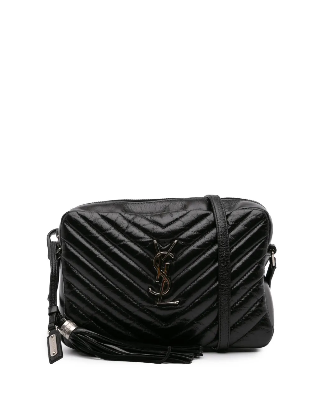 Saint Laurent Pre-Owned 2017 Cracked Shiny Calfskin Matelasse Tassel Monogram Lou Camera Bag crossbody bag - Nero