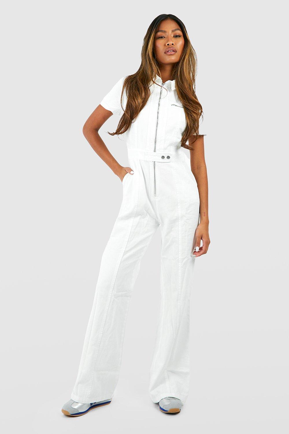 Tuta intera in denim stile Cargo con zip e gamba ampia, Cream