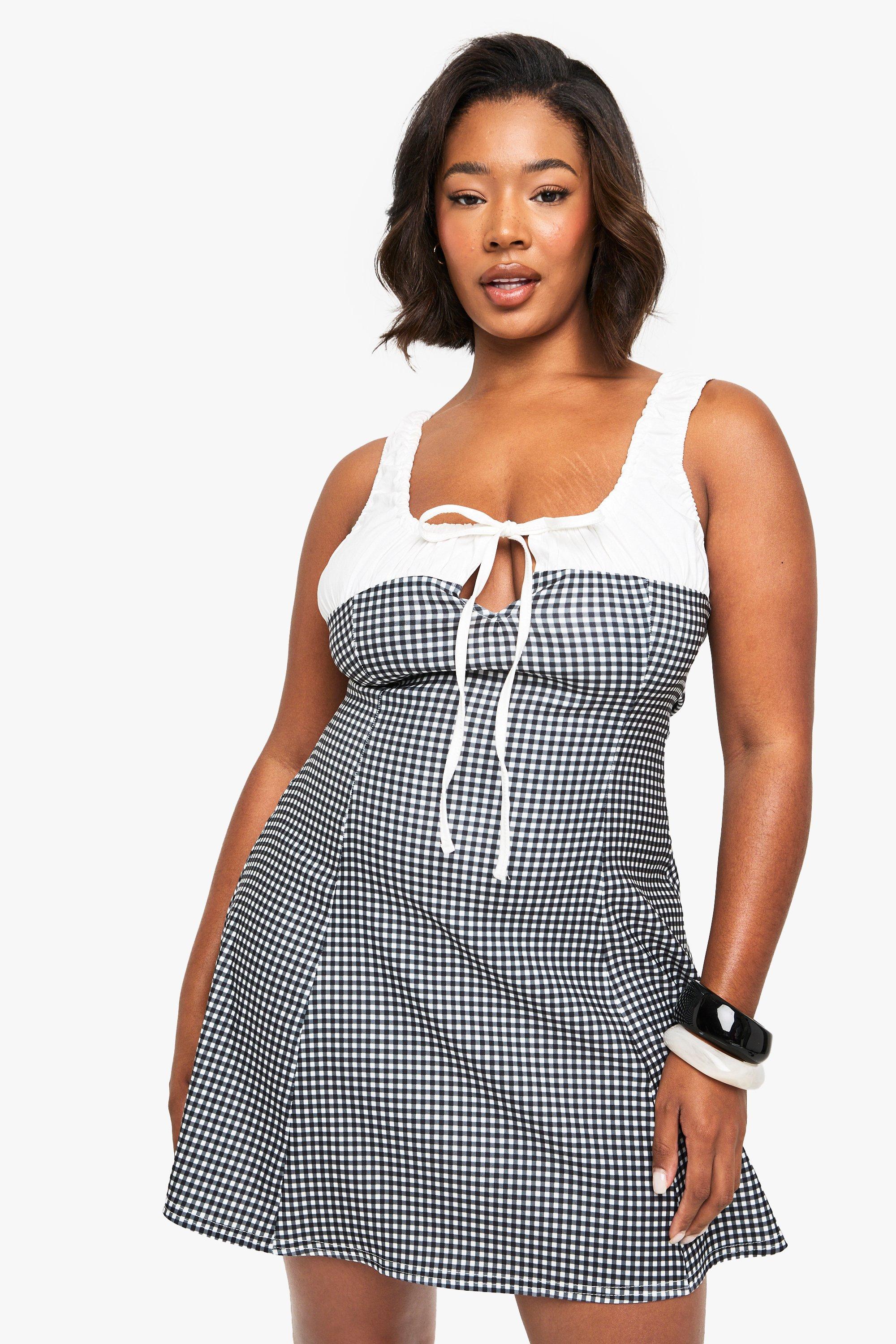 Plus gingham contrast milkmaid mini dress, Nero