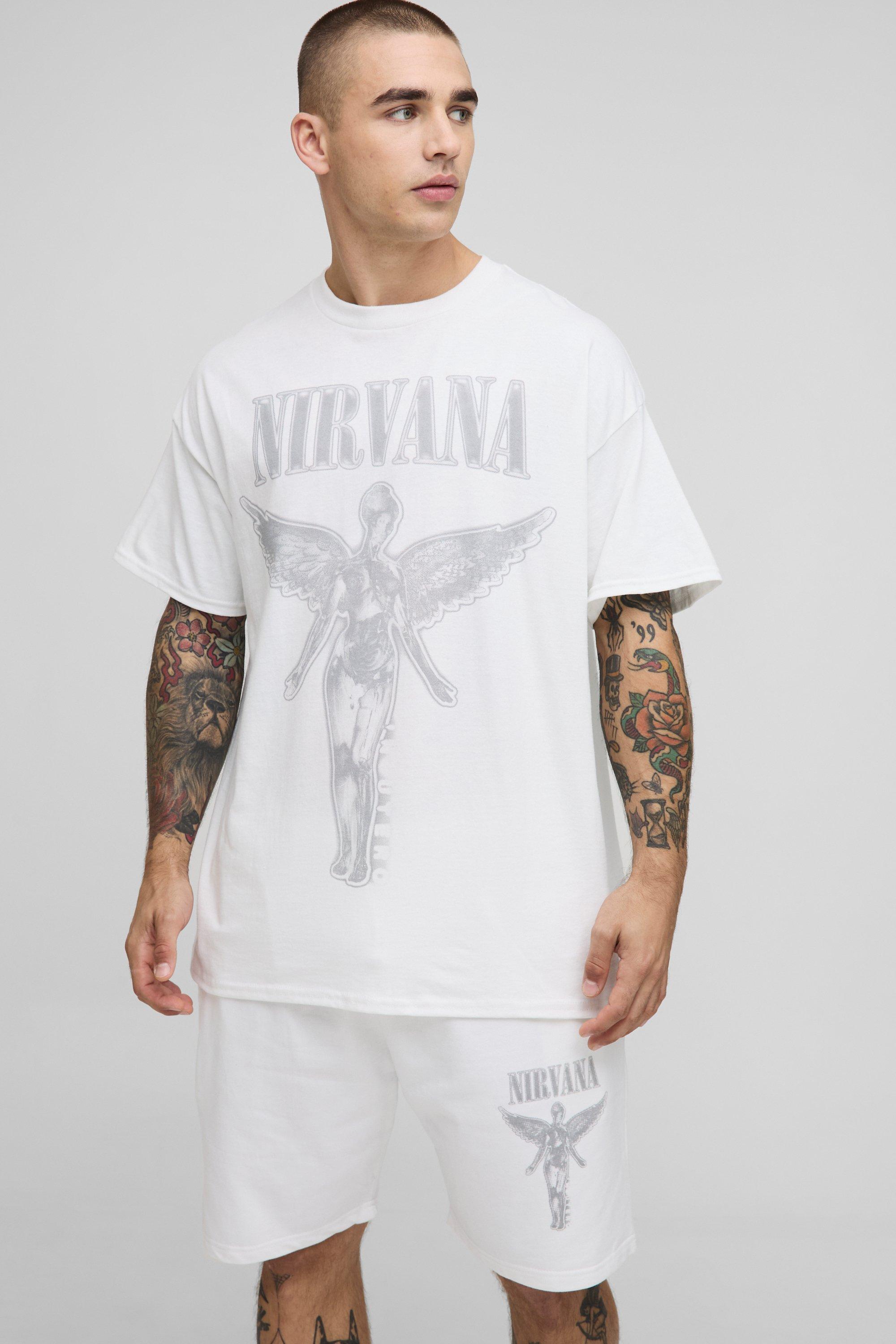 Set T-shirt oversize ufficiale dei Nirvana Stone & pantaloncini, Bianco