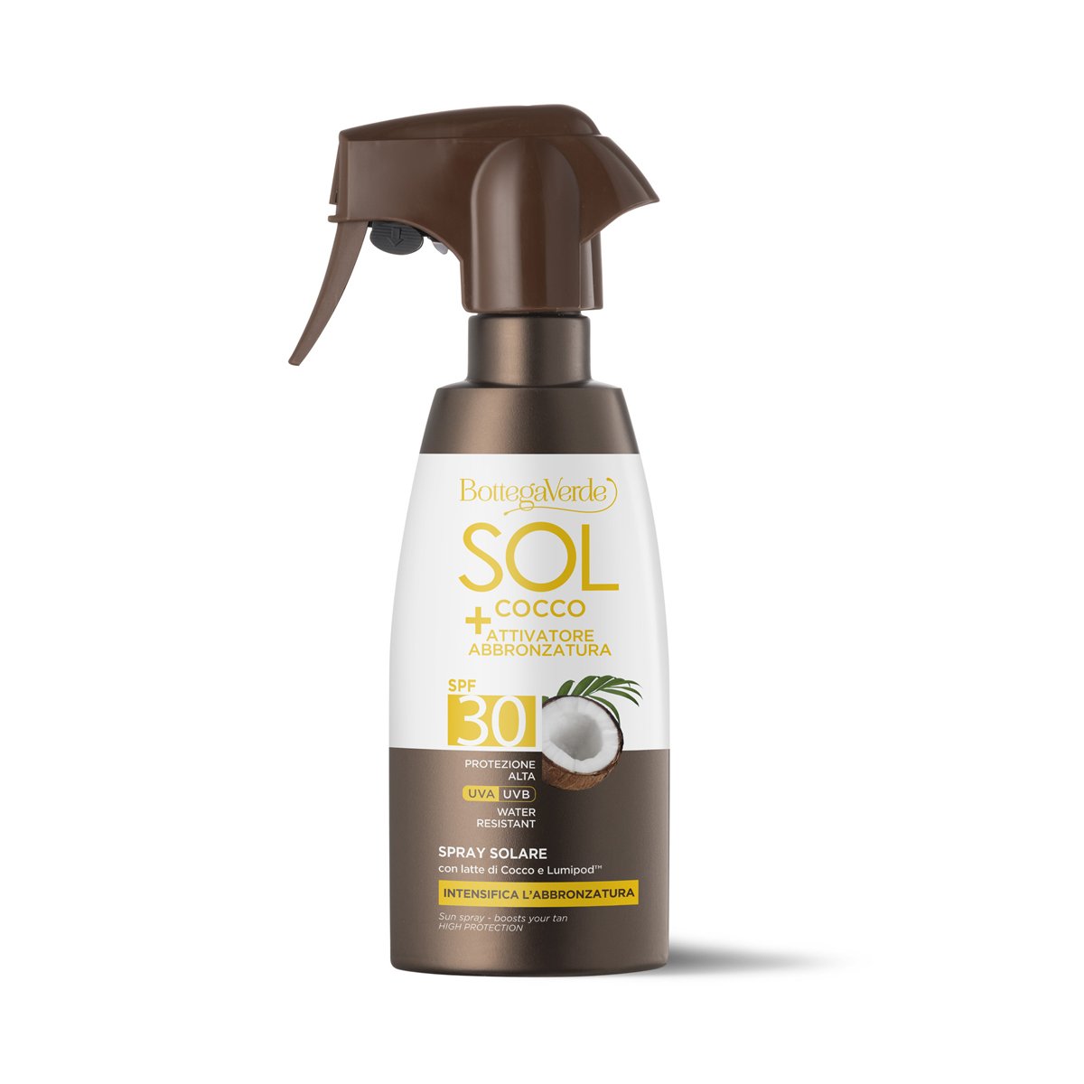 Bottega Verde SOL Cocco + Attivatore di abbronzatura - Spray solare - intensifica l'abbronzatura - con latte di Cocco e Lumipod - water resistant - pr