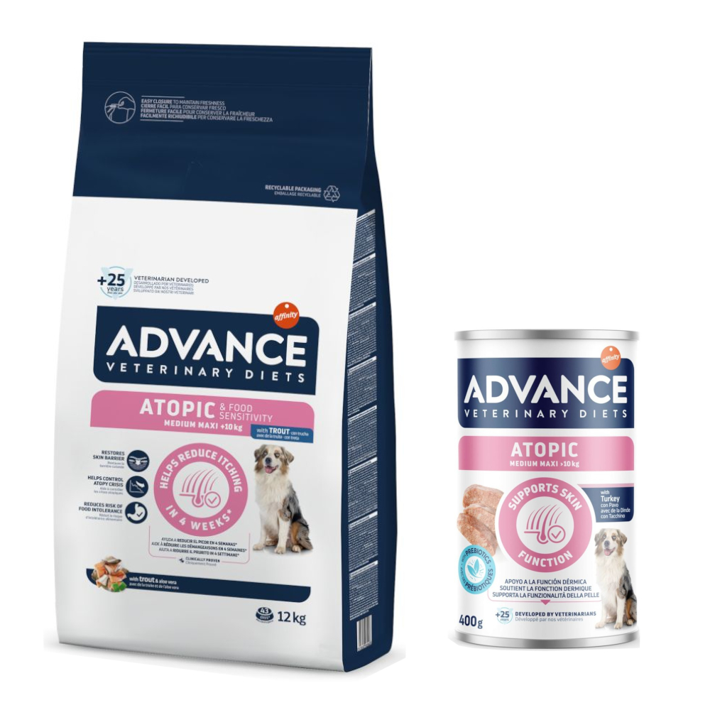 12 kg Advance Veterinary Diet crocchette + 400 g cibo umido gratis! - 12 kg Atopic con Trota