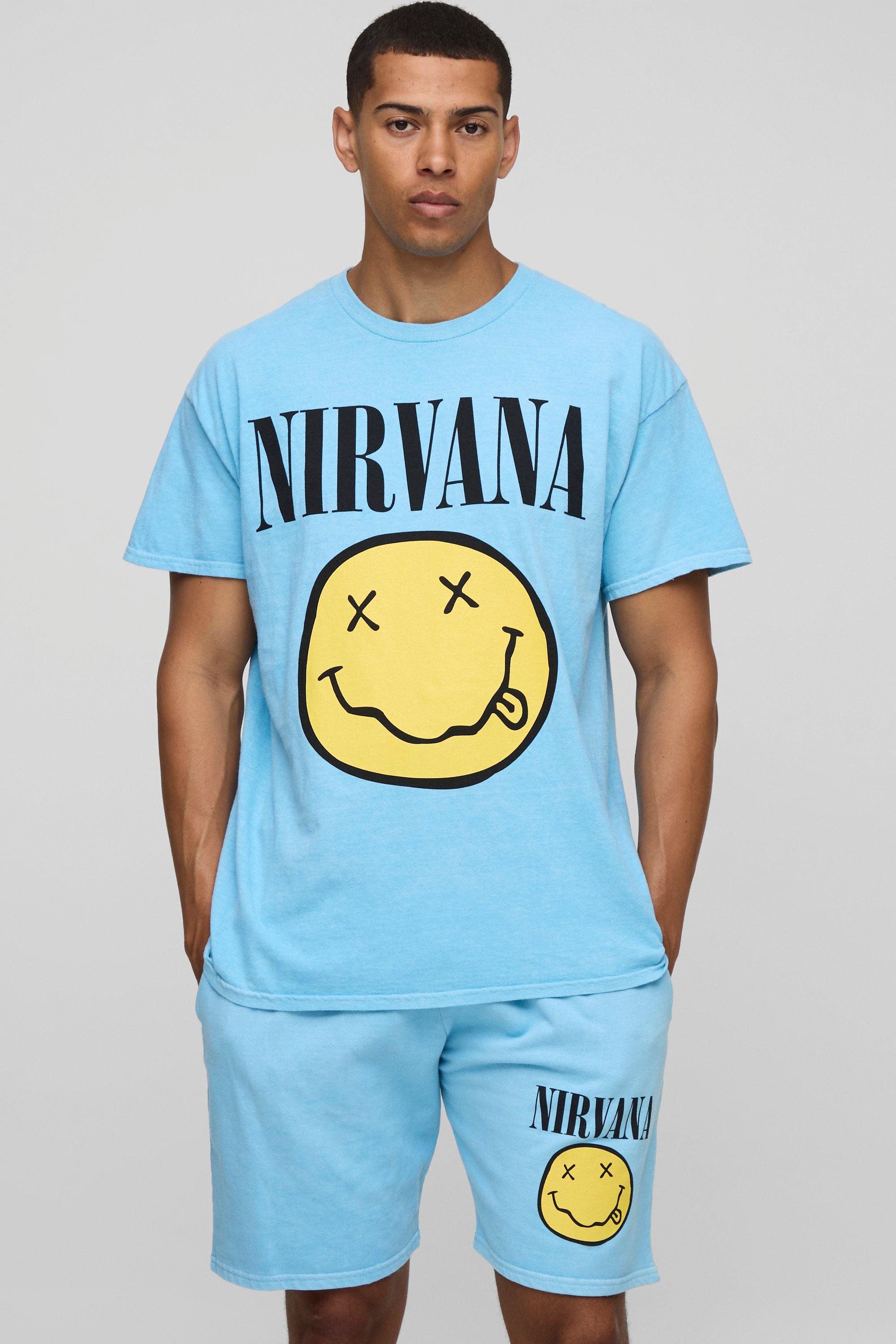 Set T-shirt oversize azzurra ufficiale Nirvana & pantaloncini, Azzurro