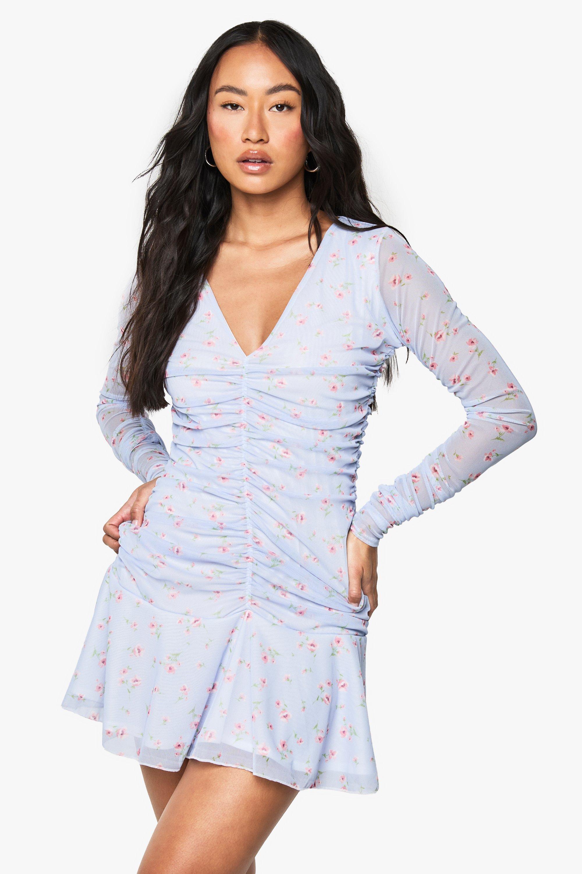 Petite Ruched Plunge Long Sleeve Floral Skater Dress, Azzurro
