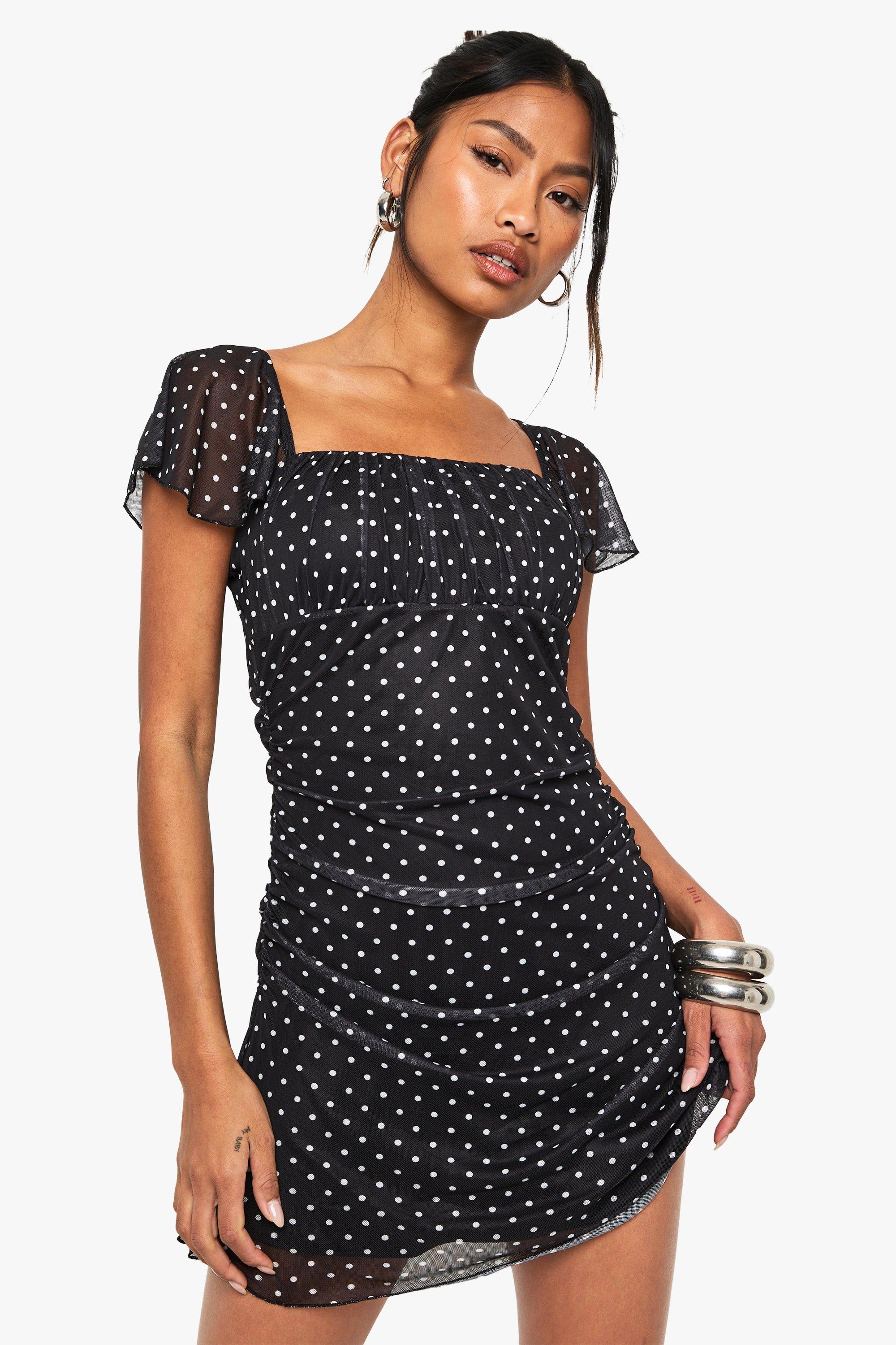 Polka Dot Mesh Ruffle Mini Dress, Nero