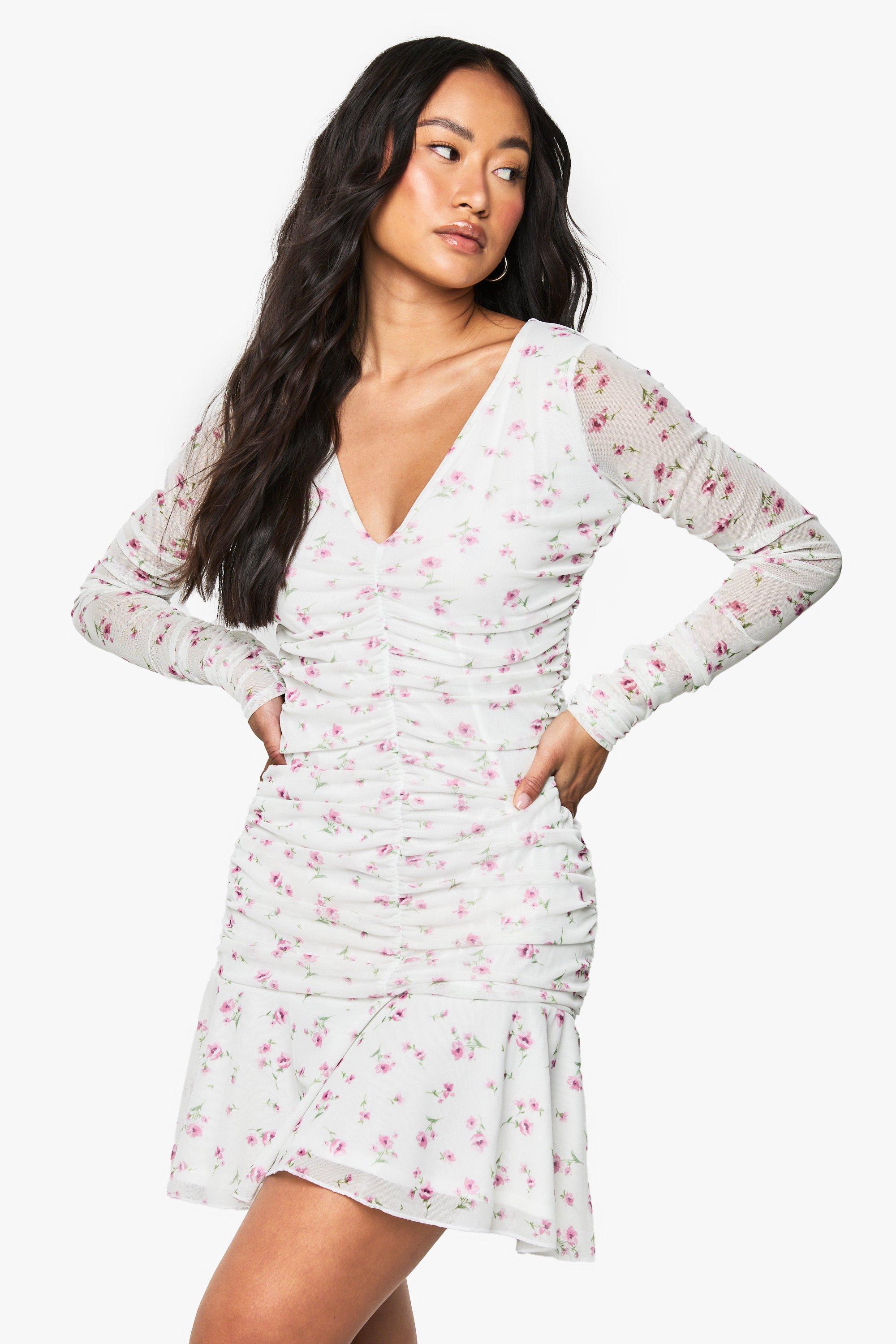 Floral Printed Ruched Plunge Skater Dress, Bianco