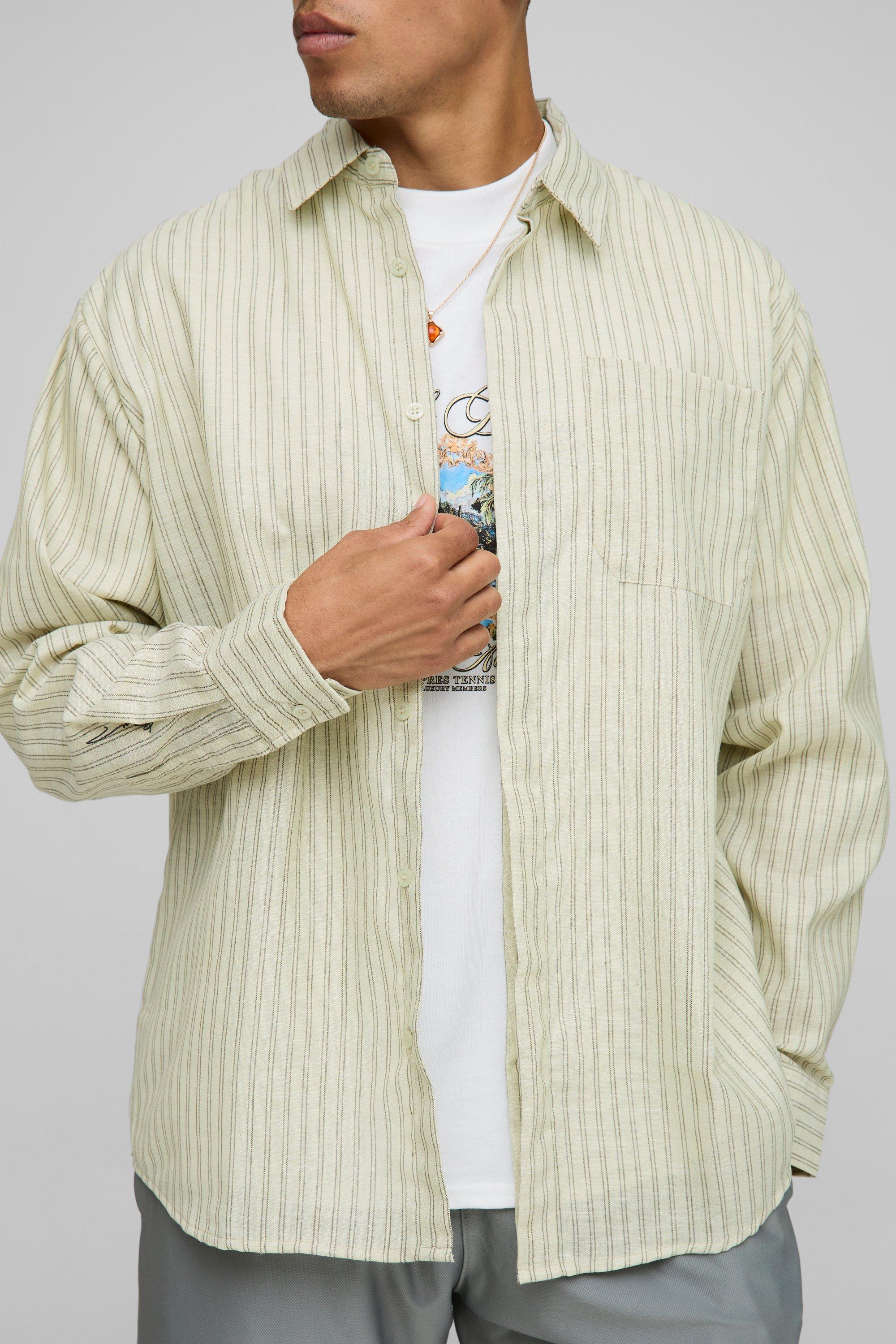 Camicia super oversize BoohooMan effetto lino a righe, Beige