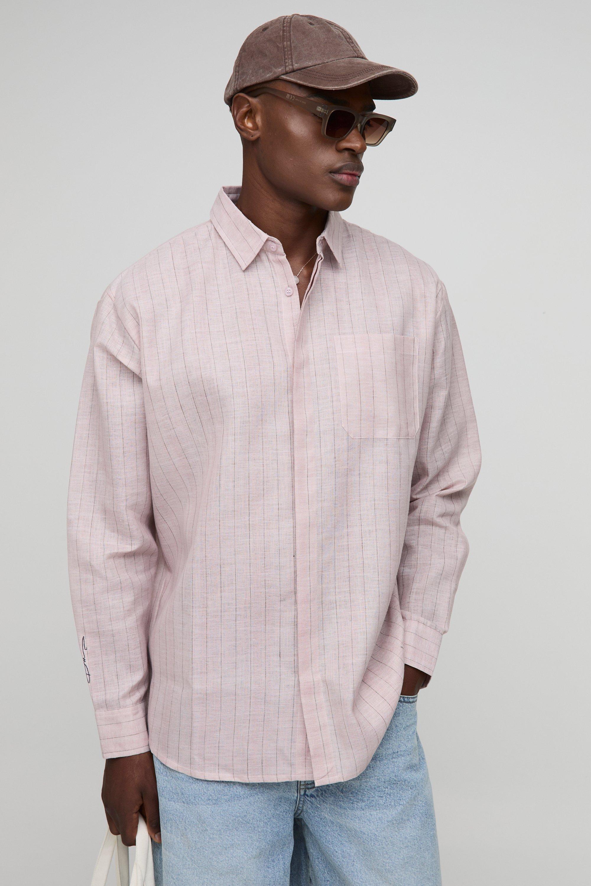 Camicia super oversize BoohooMan effetto lino a righe, Pink