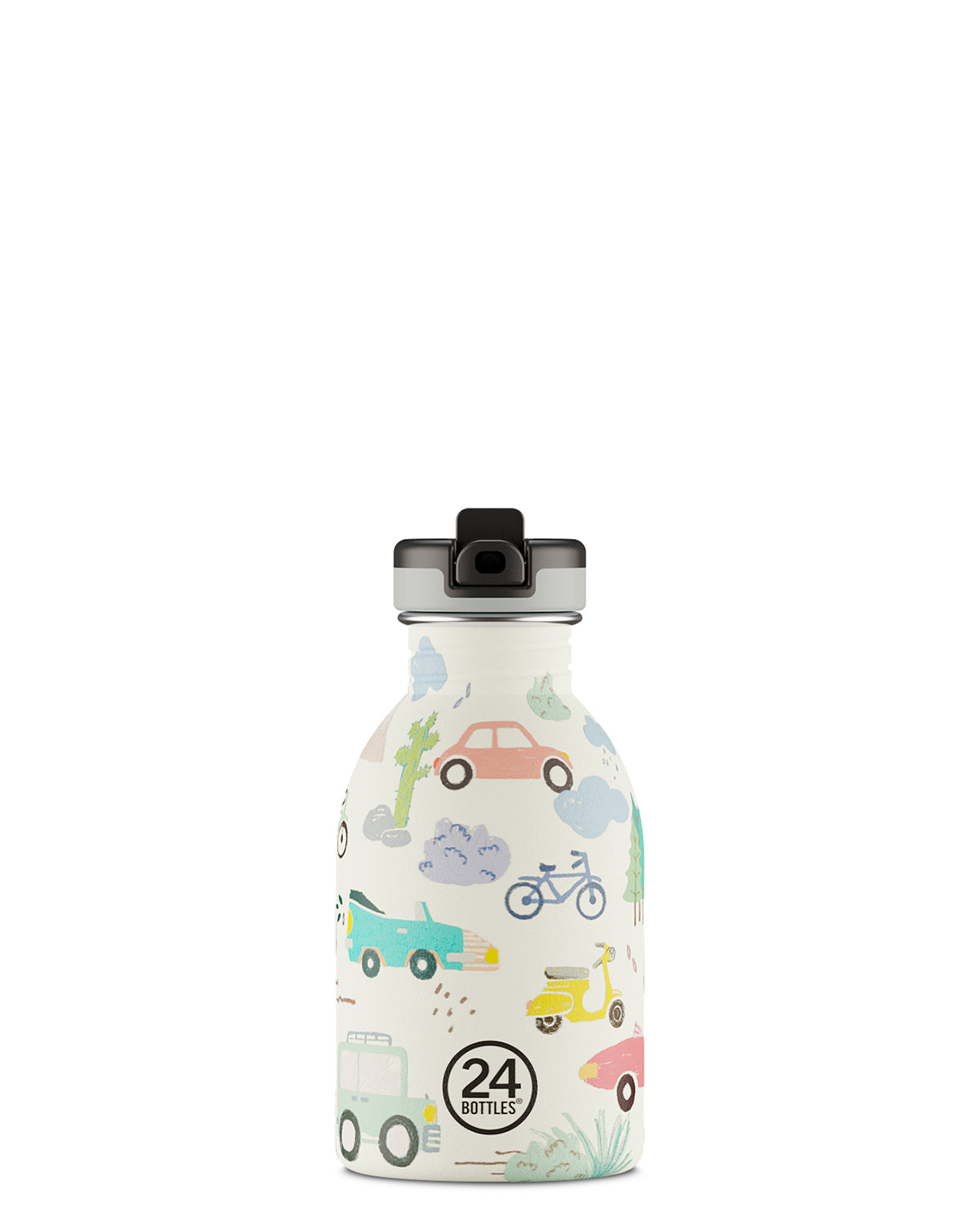 Boraccia per bambini con beccuccio, senza BPA 250 ml, Bianca, Macchinine, Personalizzabile, Kids Bottle Adventure Friends - 24Bottles