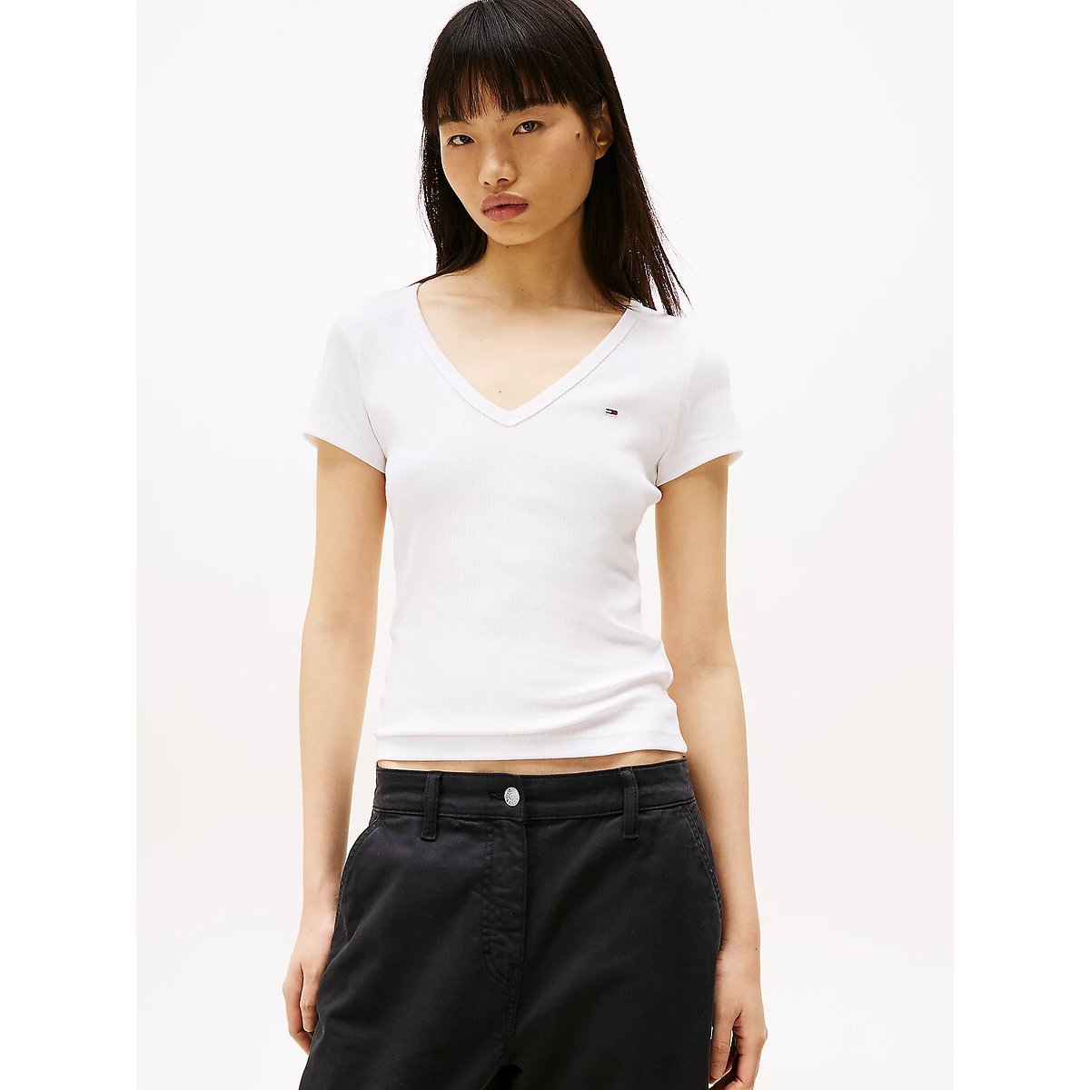 Tommy Jeans T-shirt Scollo A V, Con Logo Bianco Donna Taglie XS