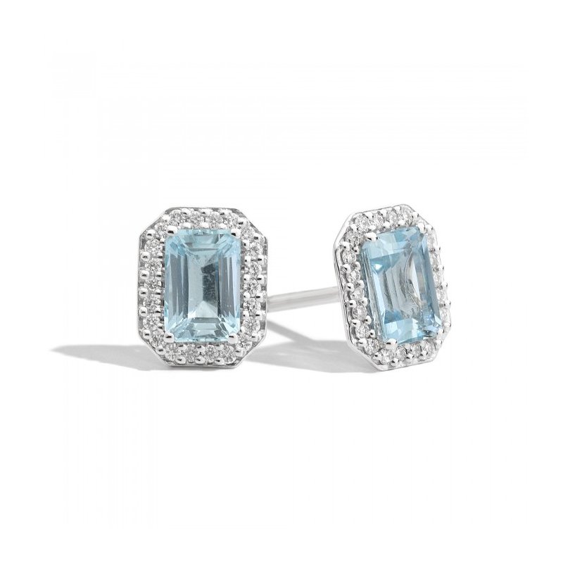 Orecchini colore Gemma, oro bianco 18 kt, diamanti e acquamarina ottagonale