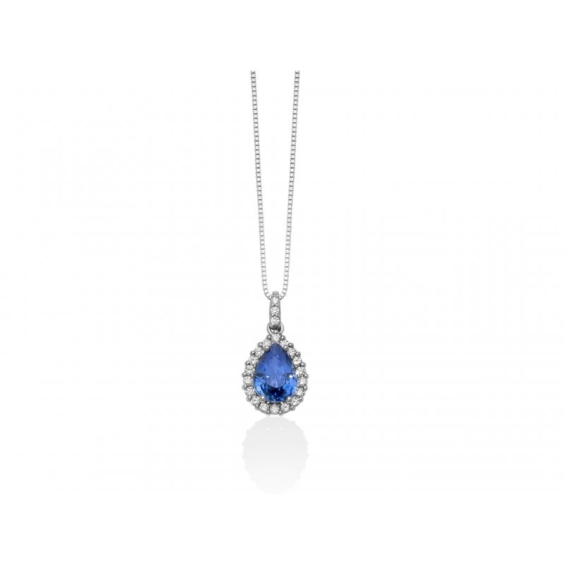 Collana In Oro Con Zaffiro Blu Ceylon Circondato Di Diamanti - Miluna