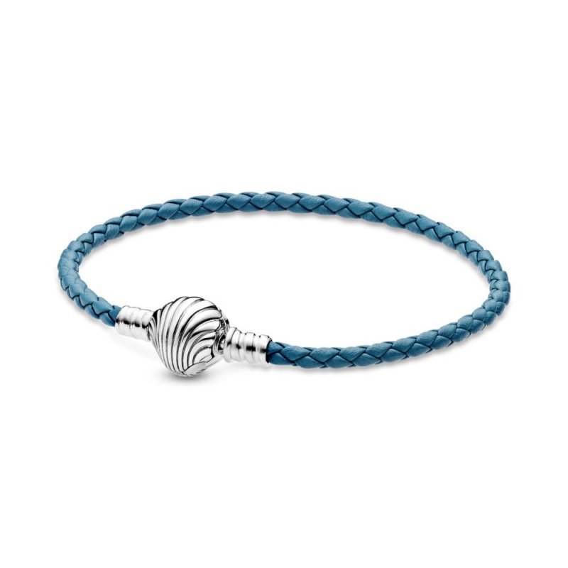 Bracciale Pandora Moments in pelle intrecciato turchese con chiusura a conchiglia