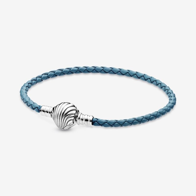 Bracciale Pandora Moments in pelle intrecciato turchese con chiusura a conchiglia
