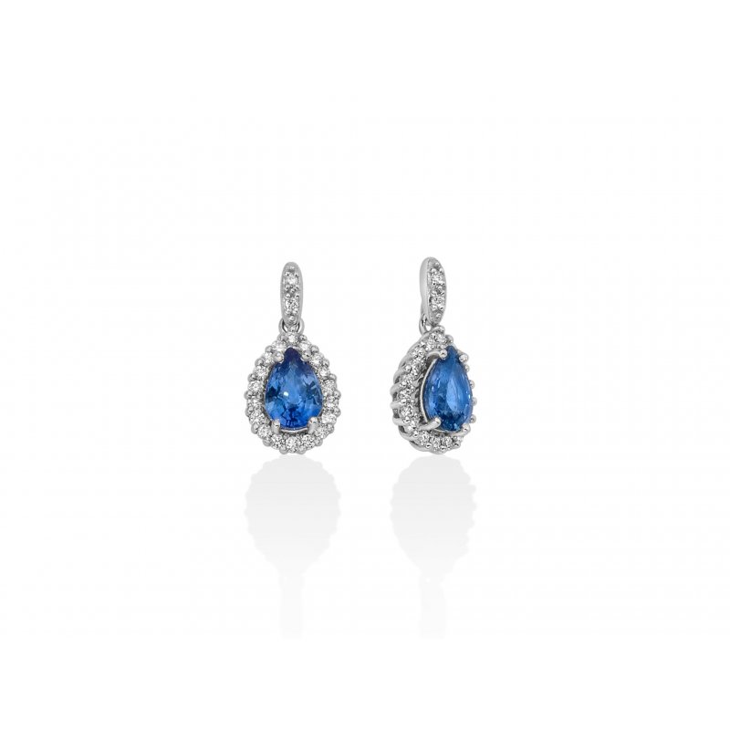 Orecchini Pendenti In Oro Bianco Con Zaffiro Blu Ceylon E Diamanti - Miluna