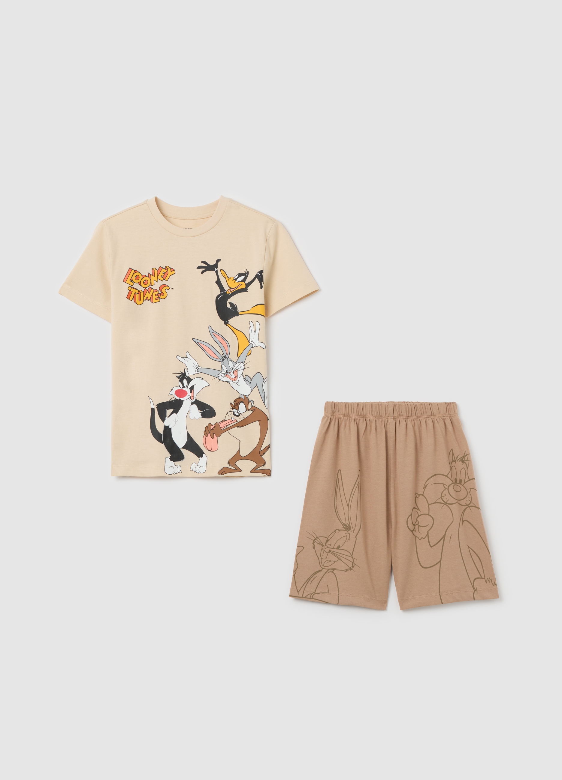 OVS, Pigiama Beige In Cotone Con Stampa Bugs Bunny E Taz, Bambino, Beige, Taglia: 3-4