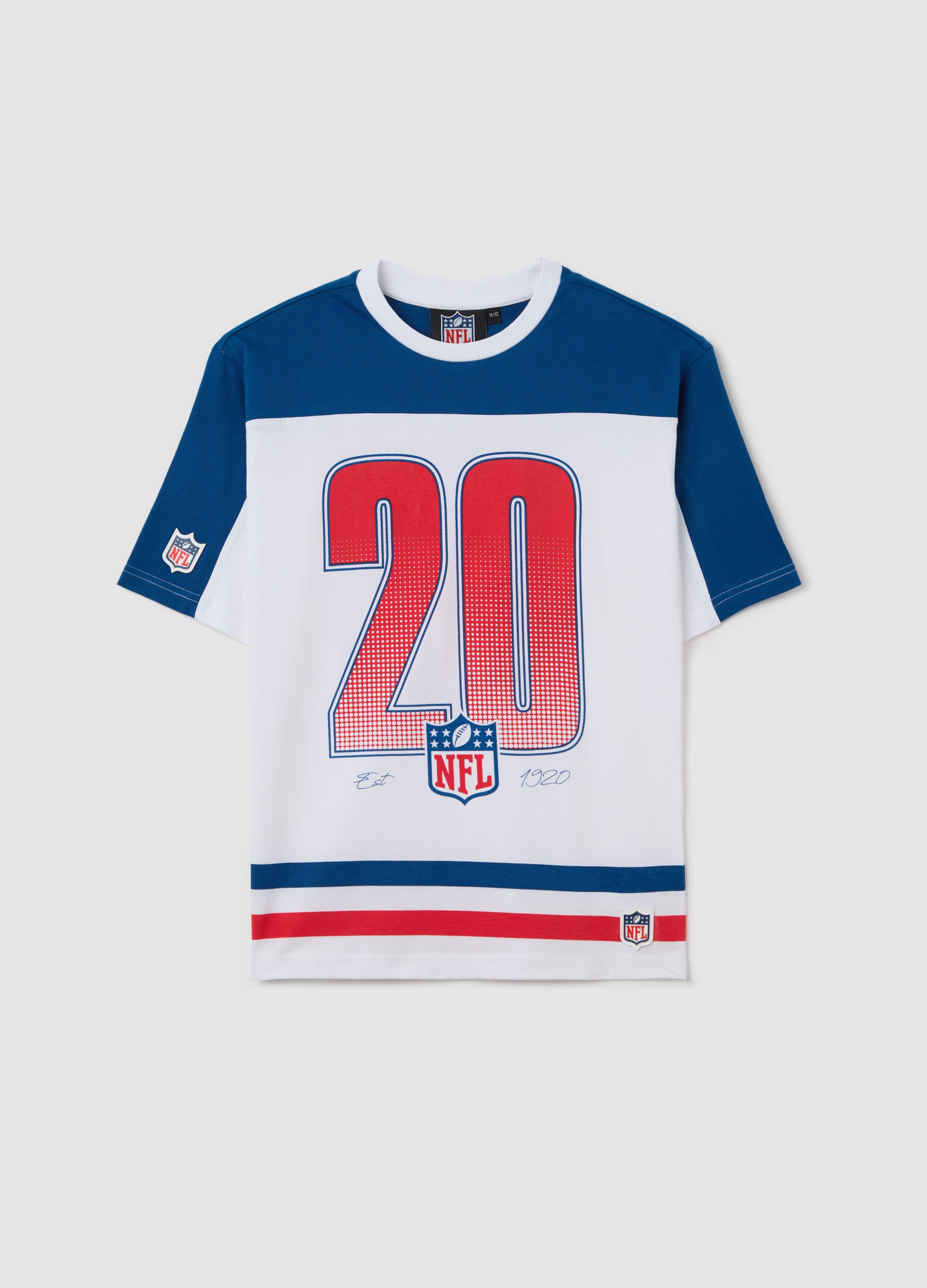 OVS, T-shirt Bianca E Blu In Cotone Stampa Nfl, Bambino, Multicolor, Taglia: 11-12