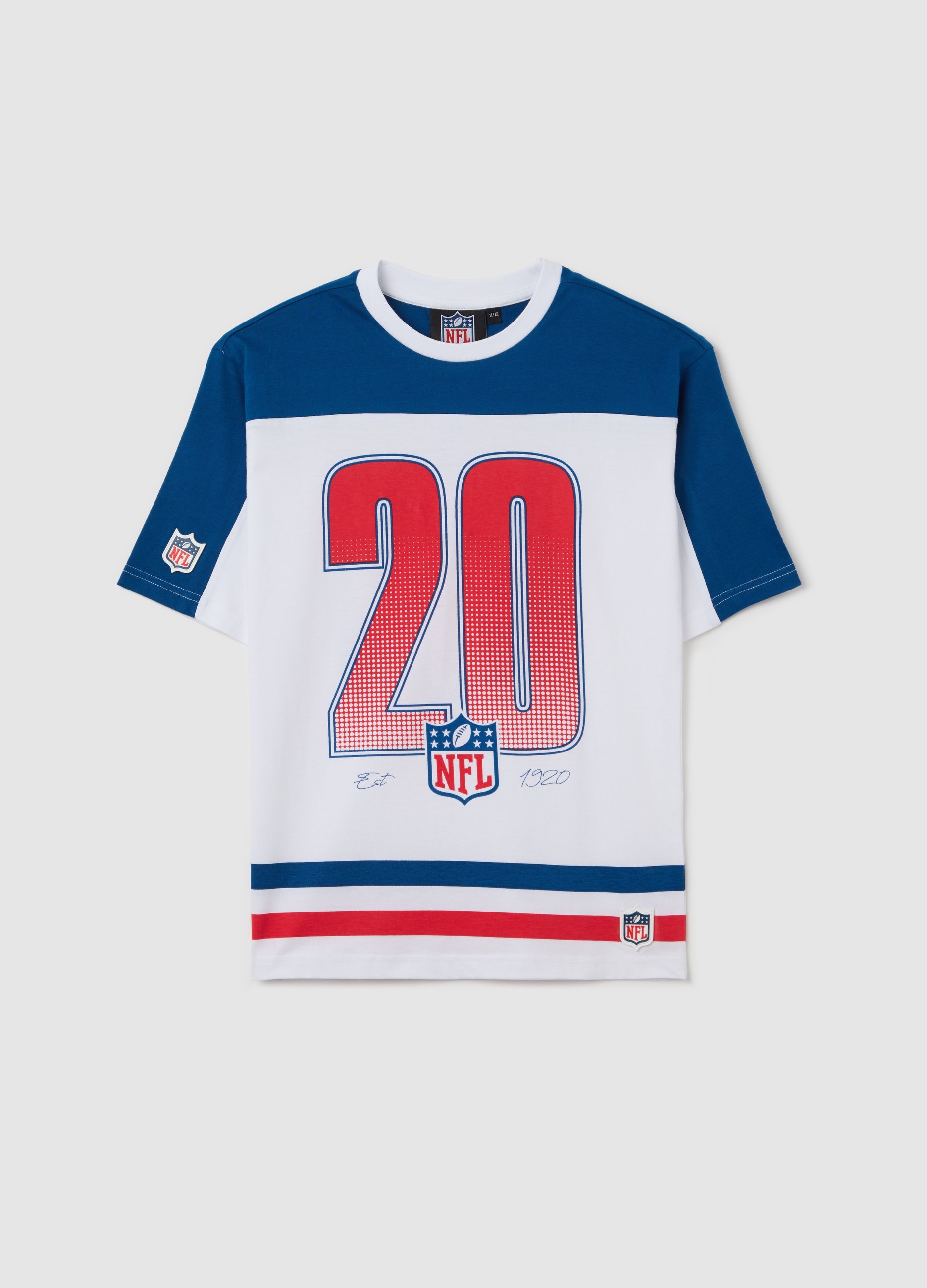OVS, T-shirt Bianca E Blu In Cotone Stampa Nfl, Bambino, Multicolor, Taglia: 10-11