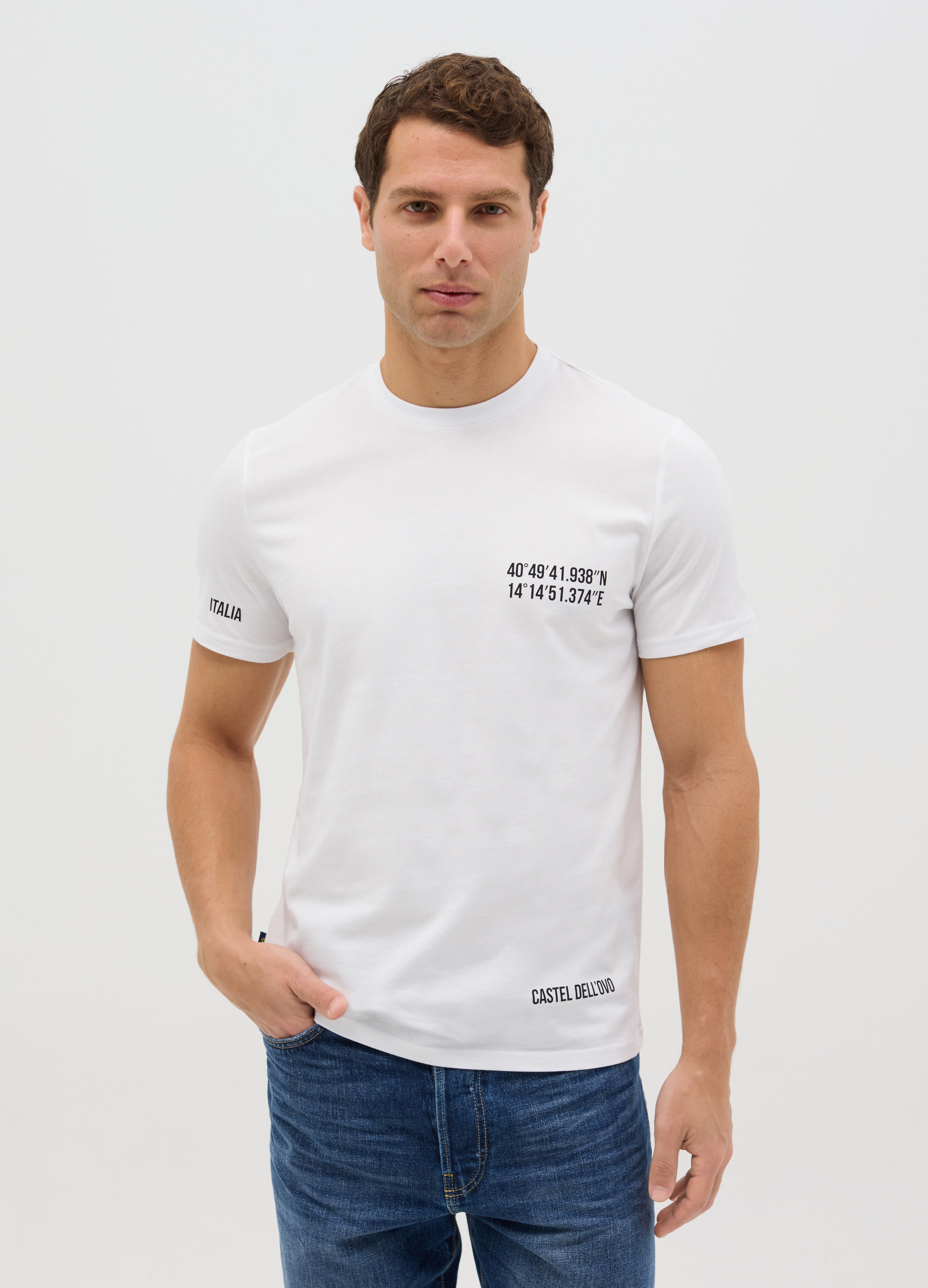 OVS , T-shirt In Cotone Stampa Coordinate Castel Dell&apos;ovo, Uomo, Bianco, Taglia: S