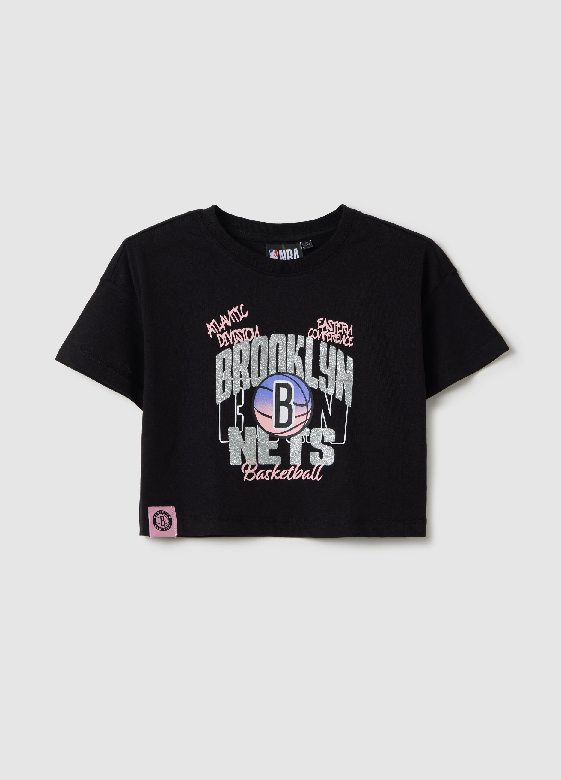 OVS, T-shirt Nera Crop In Cotone Nba Brooklyn Nets, Bambina, Nero, Taglia: 7-8