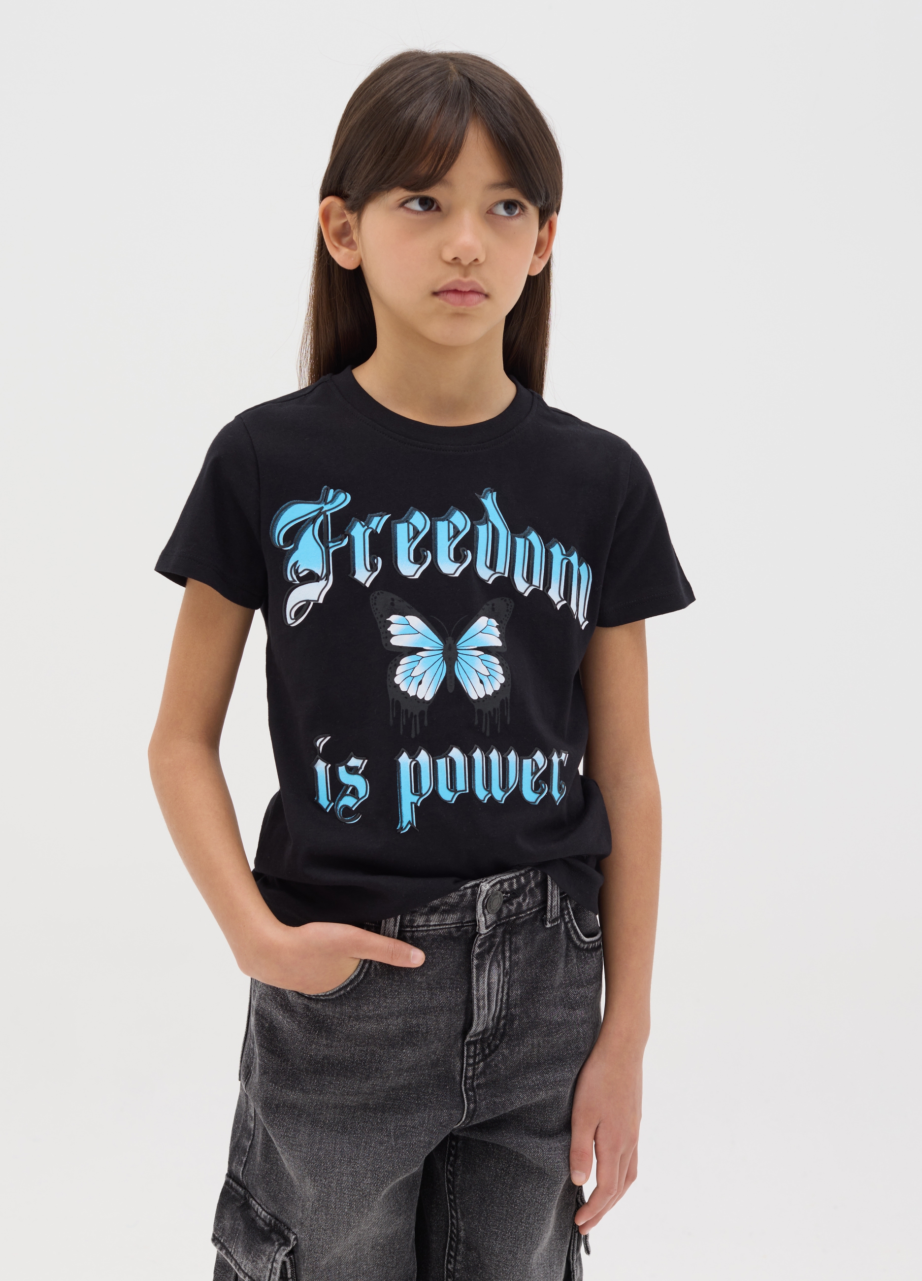 OVS, T-shirt In Cotone Stampa "freedom Is Power", Bambina, Nero, Taglia: 10-11