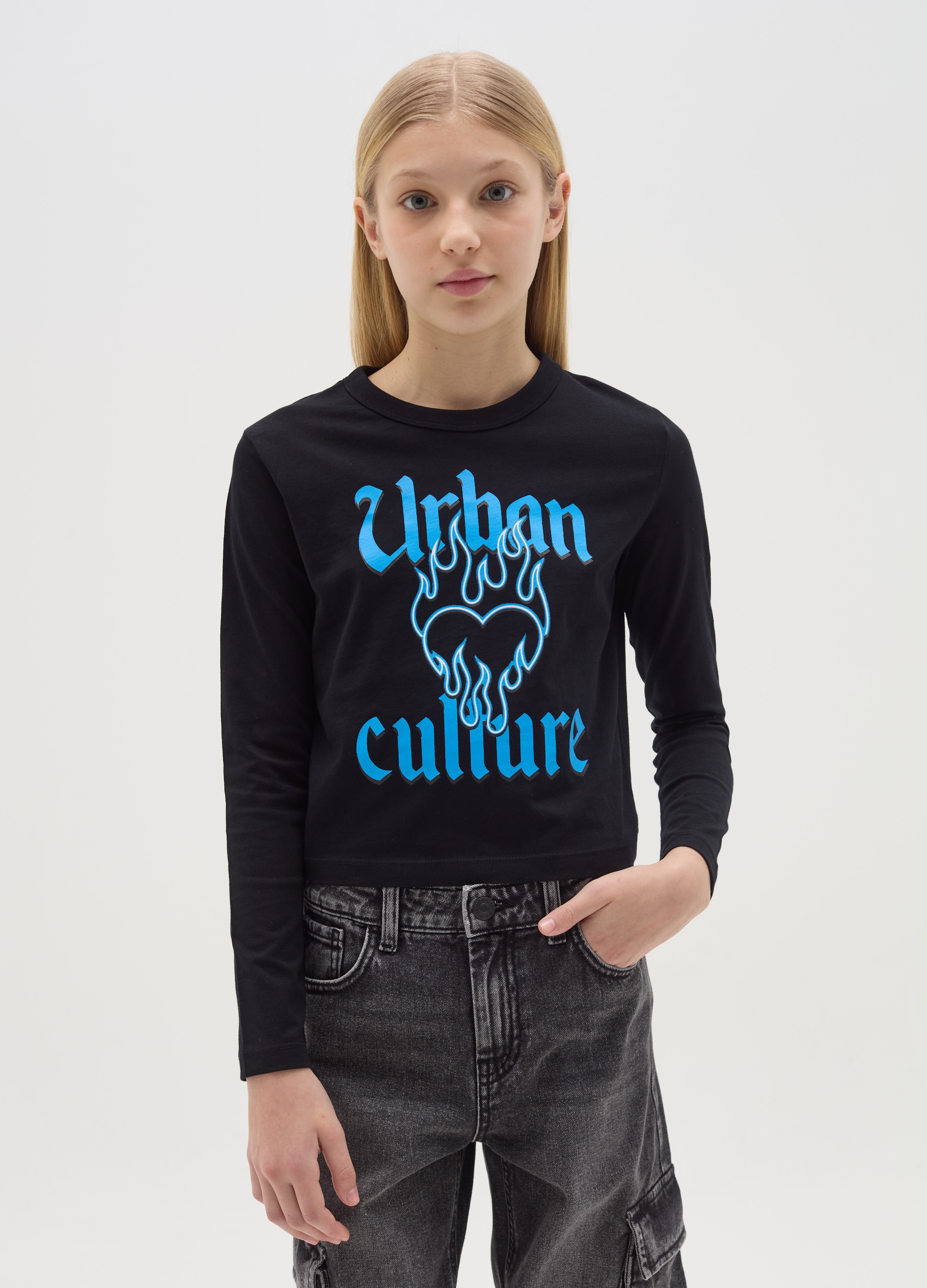 OVS, T-shirt A Maniche Lunghe Stampa "urban Culture", Bambina, Nero, Taglia: 10-11