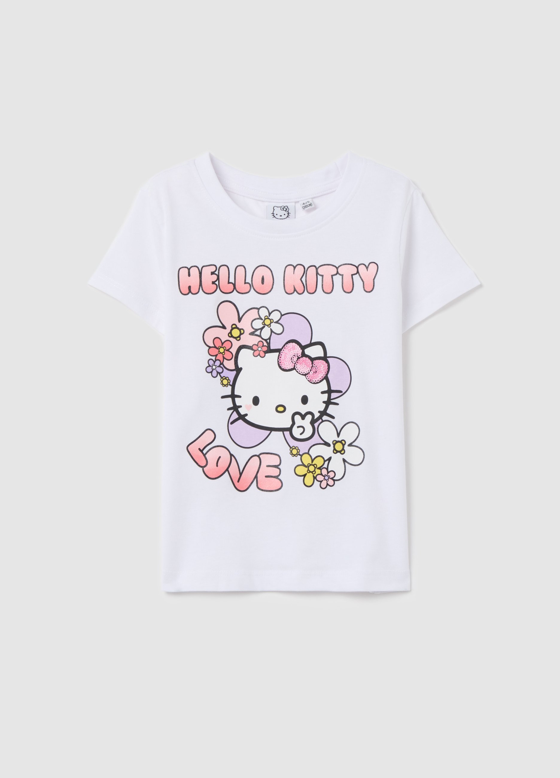OVS, T-shirt Con Stampa Hello Kitty E Paillettes, Bambina, Bianco, Taglia: 6-7